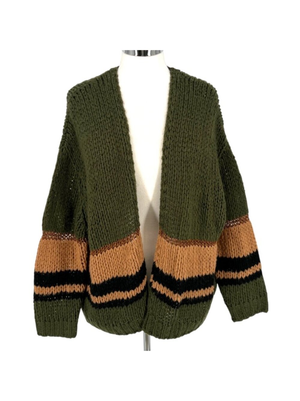 Workshop Stripe Open Front Cardigan Green Metallic Size Medium Cozy Cabincore
